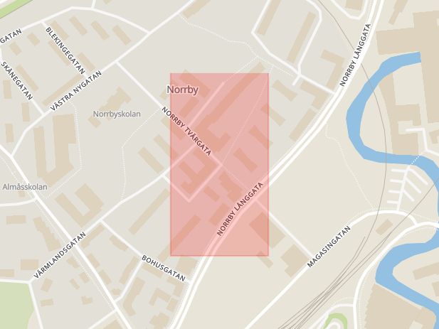 Karta som med röd fyrkant ramar in Östgötagatan, Norrby Tvärgata, Hässleholmen, Älvsborg, Borås, Västra Götalands län