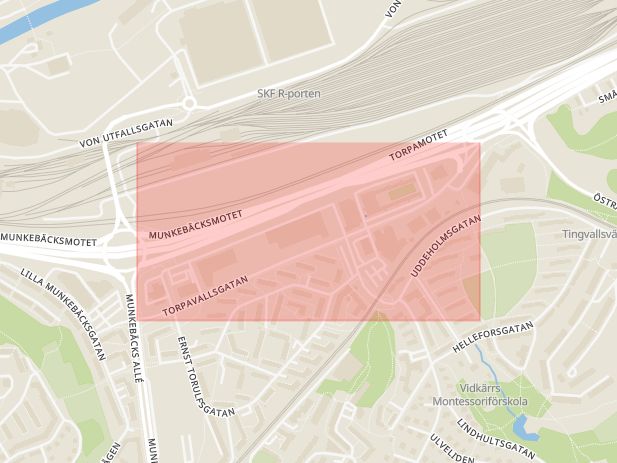 Karta som med röd fyrkant ramar in Torpavallsgatan, Göteborg, Västra Götalands län