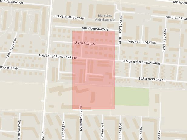 Karta som med röd fyrkant ramar in Maskrosgatan, Kvillebäcken, Gamla Björlandavägen, Göteborg, Västra Götalands län