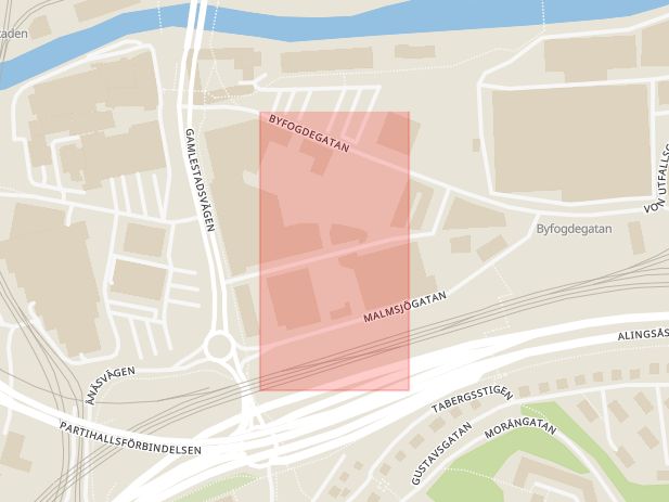 Karta som med röd fyrkant ramar in Alelyckan, Gamlestadsvägen, Byfogdegatan, Göteborg, Västra Götalands län