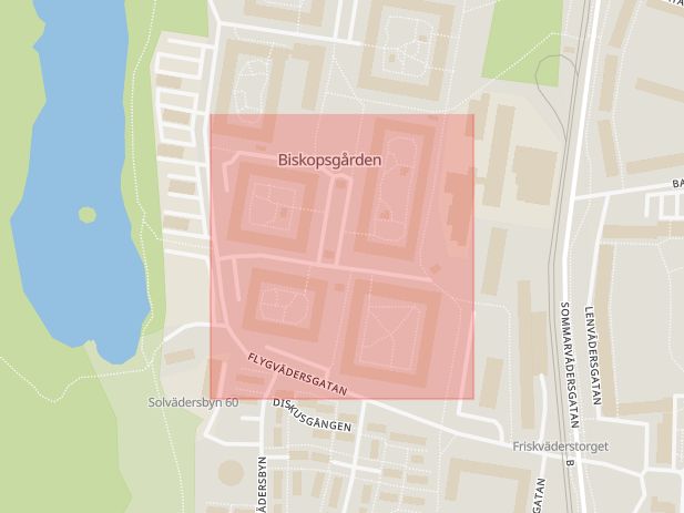 Karta som med röd fyrkant ramar in Godvädersgatan, Biskopsgården, Göteborg, Västra Götalands län