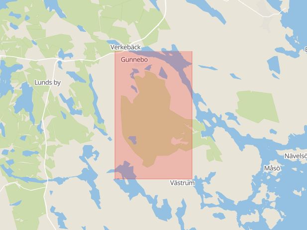 Karta som med röd fyrkant ramar in Gunnebo, Västrumsvägen, Västervik, Kalmar län