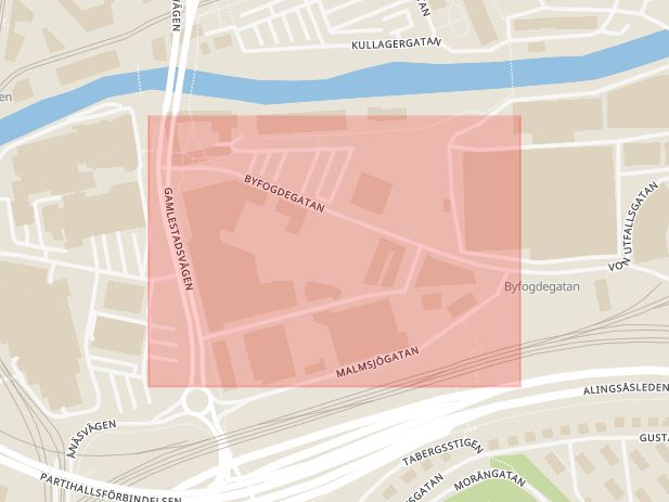 Karta som med röd fyrkant ramar in Gamlestaden, Byfogdegatan, Göteborg, Västra Götalands län