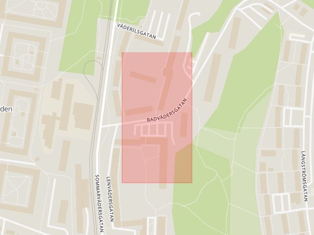 Karta som med röd fyrkant ramar in Väderilsgatan, Badvädersgatan, Göteborg, Västra Götalands län