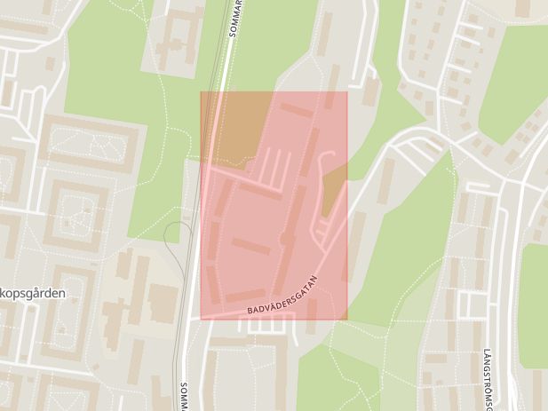 Karta som med röd fyrkant ramar in Väderilsgatan, Svartedalen, Göteborg, Västra Götalands län