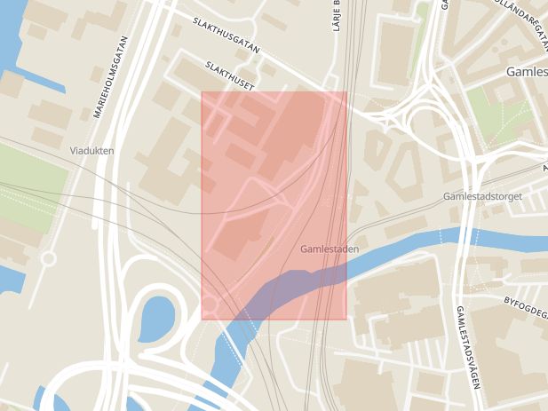 Karta som med röd fyrkant ramar in Waterloogatan, Marieholm, Sahlgrenska Sjukhuset, Göteborg, Västra Götalands län