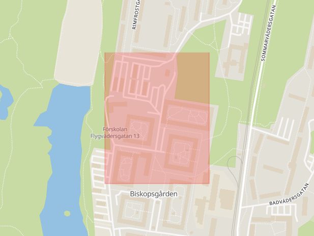 Karta som med röd fyrkant ramar in Norra Biskopsgården, Dimvädersgatan, Göteborg, Västra Götalands län