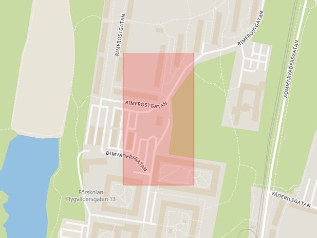 Karta som med röd fyrkant ramar in Lilla Regementsvägen, Göteborg, Rimfrostgatan, Björkekärr, Biskopsgården, Västra Götalands län