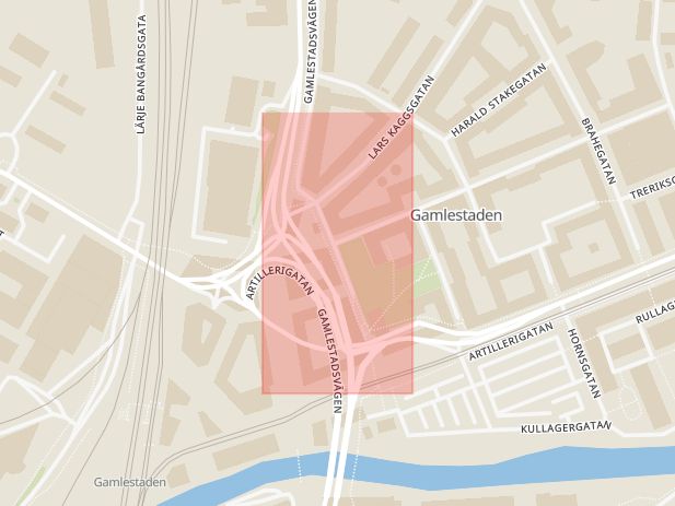Karta som med röd fyrkant ramar in Gamlestadstorget, Göteborg, Västra Götalands län