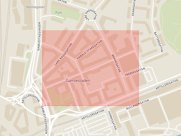 Karta som med röd fyrkant ramar in Gamlestaden, Götaholmsgatan, Harald Stakegatan, Göteborg, Västra Götalands län