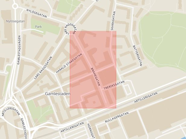 Karta som visar ungefär var händelsen Bråk: Vi får in ett larm om att ett flertal ungdomar bråkar vid Brahegatan i Gamlestaden. inträffat
