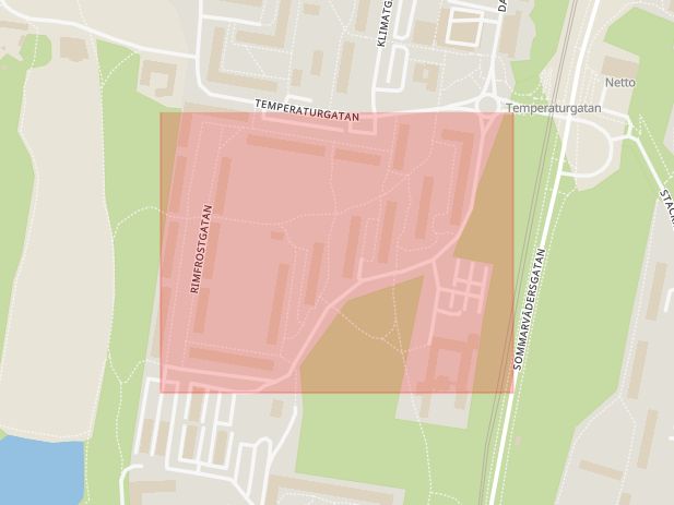 Karta som med röd fyrkant ramar in Göteborg, Länsmanstorget, Rimfrostgatan, Hjalmar Brantingsgatan, Borås, Bäckängsgymnasiet, Västra Götalands län