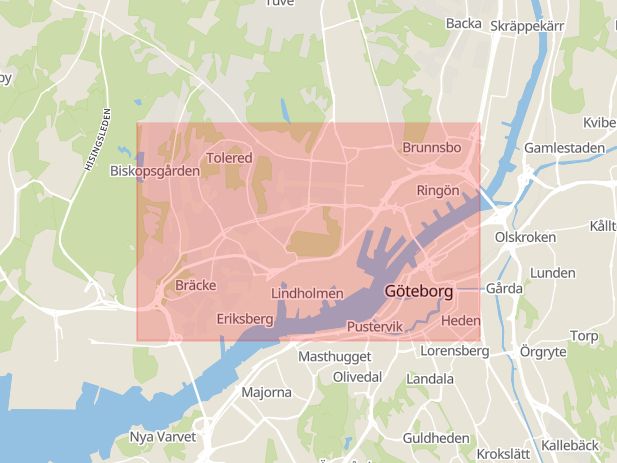 Karta som med röd fyrkant ramar in Lundbyleden, Göteborg, Västra Götalands län