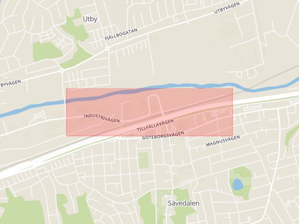 Karta som med röd fyrkant ramar in Kortedala, Industrigatan, Göteborg, Västra Götalands län