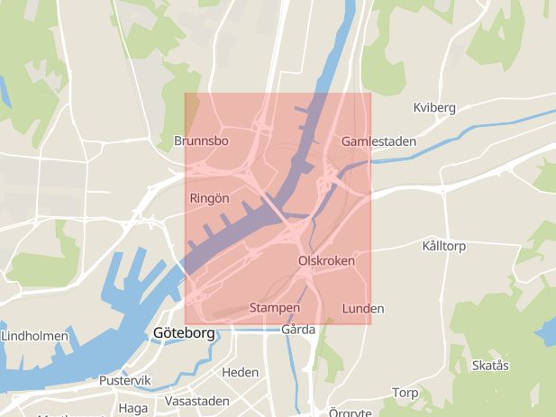 Karta som med röd fyrkant ramar in Gullbergsvass, Göteborg, Västra Götalands län