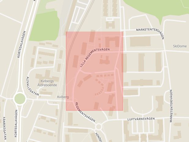 Karta som med röd fyrkant ramar in Kviberg, Lilla Regementsvägen, Beväringsgatan, Göteborg, Västra Götalands län