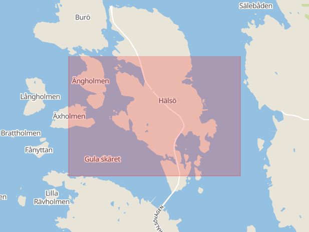 Karta som med röd fyrkant ramar in Hälsö, Göteborg, Västra Götalands län