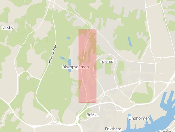 Karta som med röd fyrkant ramar in Biskopsgården, Sommarvädersgatan, Göteborg, Västra Götalands län
