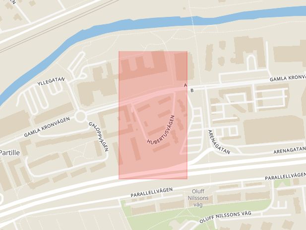 Karta som med röd fyrkant ramar in Hubertusvägen, Göteborg, Västra Götalands län