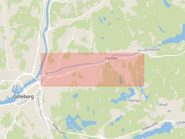 Karta som med röd fyrkant ramar in Alingsåsleden, Göteborg, Västra Götalands län