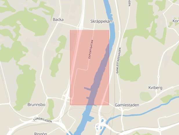 Karta som med röd fyrkant ramar in Exportgatan, Göteborg, Västra Götalands län