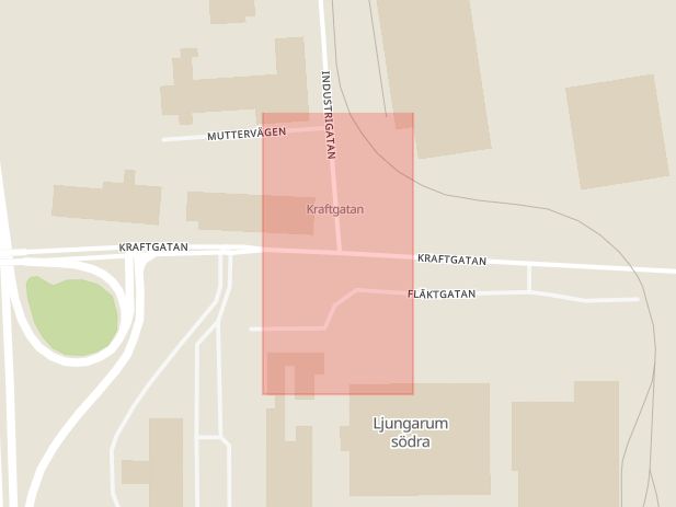 Karta som med röd fyrkant ramar in Industrigatan, Kraftgatan, Ljungarum, Jönköping, Jönköpings län