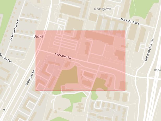 Karta som med röd fyrkant ramar in Backadalens Industriområde, Transportgatan, Coops Parkering, Göteborg, Västra Götalands län