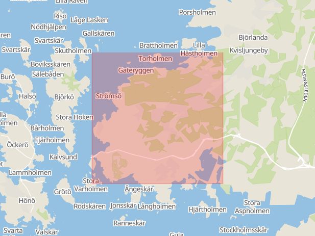 Karta som med röd fyrkant ramar in Torslanda, Göteborg, Västra Götalands län