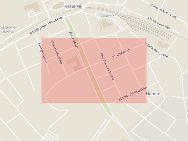 Karta som med röd fyrkant ramar in Sturegatan, Västervik, Kalmar län