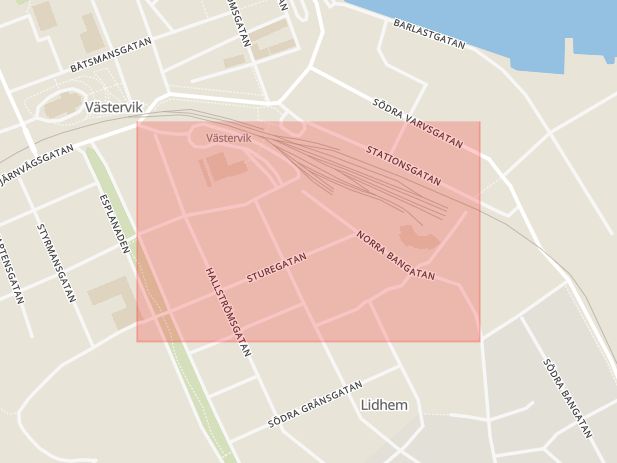 Karta som med röd fyrkant ramar in Norra Bangatan, Västervik, Kalmar län