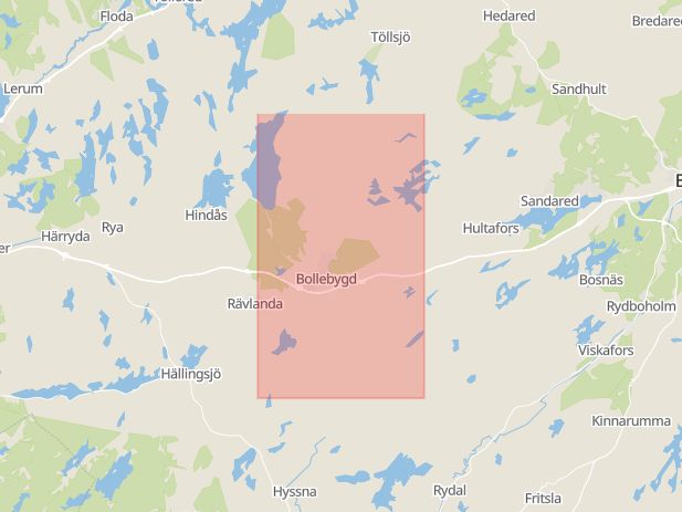 Karta som med röd fyrkant ramar in Borås, Bollebygd, Västra Götalands län