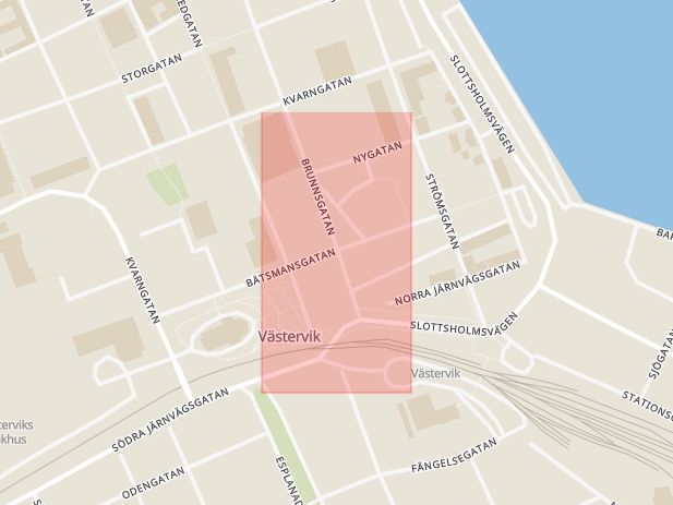 Karta som med röd fyrkant ramar in Brunnsgatan, Båtsmansgatan, Västervik, Kalmar län