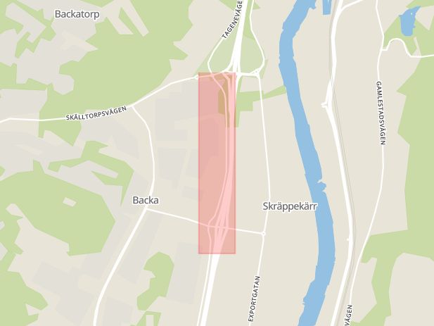 Karta som med röd fyrkant ramar in Bäckebolsvägen, Västra Götalands län