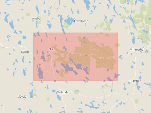 Karta som med röd fyrkant ramar in Bruzaholm, Lingon, Skog, Kall, Eksjö, Jönköpings län