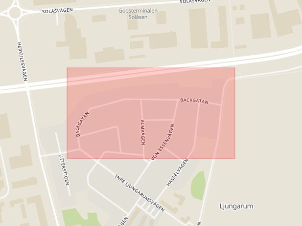 Karta som med röd fyrkant ramar in Backgatan, Jönköping, Jönköpings län