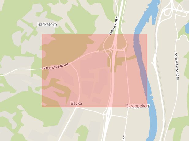 Karta som med röd fyrkant ramar in Bäckebol, Göteborg, Västra Götalands län