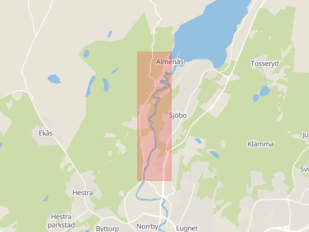 Karta som med röd fyrkant ramar in Almenäsvägen, Borås, Västra Götalands län