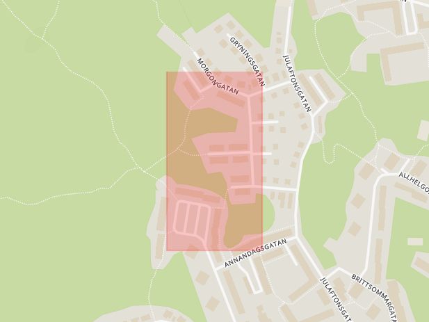 Karta som med röd fyrkant ramar in Morgongatan, Kortedala, Aftongatan, Göteborg, Västra Götalands län