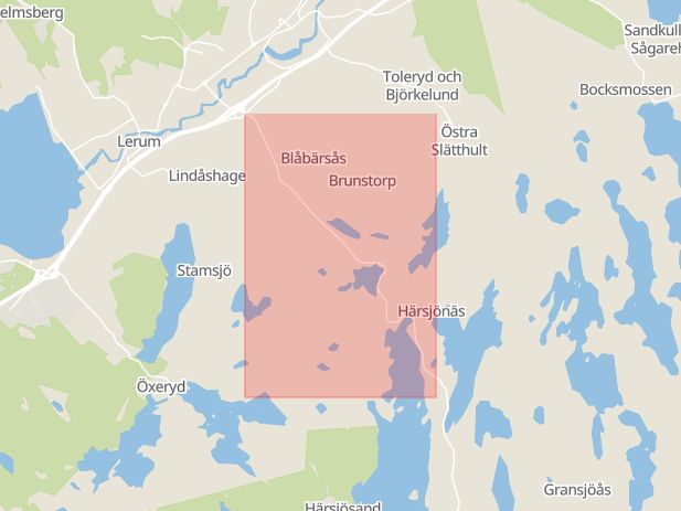 Karta som med röd fyrkant ramar in Härskogsvägen, Härsjön, Lerum, Västra Götalands län