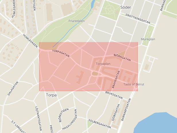 Karta som med röd fyrkant ramar in Torpagatan, Jönköping, Jönköpings län