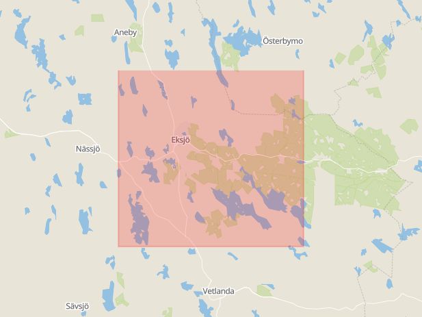 Karta som med röd fyrkant ramar in Jönköping, Östergötlands Län, Östergötland, Eksjö, Vetlanda, Jönköpings län