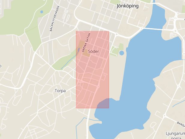 Karta som med röd fyrkant ramar in Brahegatan, Jönköping, Jönköpings län
