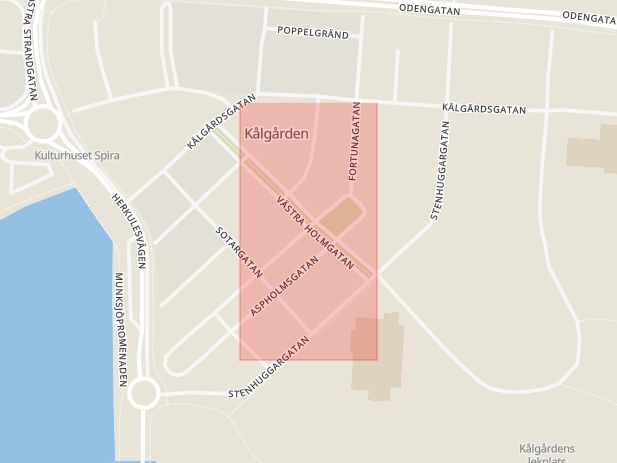 Karta som med röd fyrkant ramar in Fortunagatan, Holmgatan, Jönköping, Jönköpings län