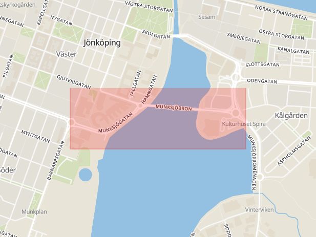 Karta som med röd fyrkant ramar in Munksjögatan, Jönköping, Jönköpings län