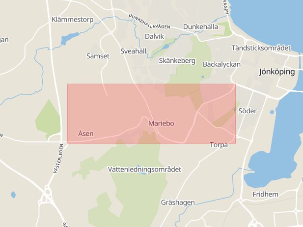 Karta som med röd fyrkant ramar in Åsenvägen, Jönköping, Jönköpings län