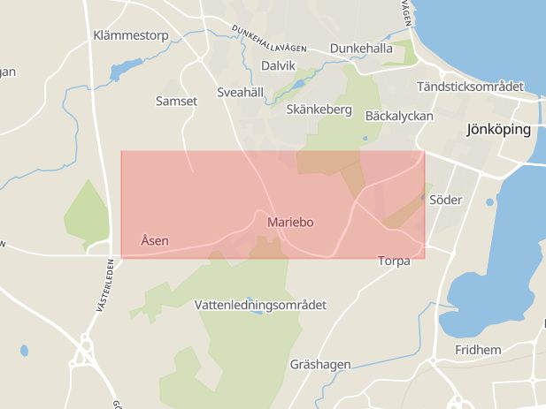 Karta som med röd fyrkant ramar in Åsenvägen, Jönköping, Olsbo, Jönköpings län