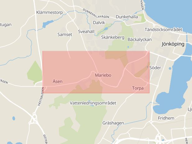 Karta som med röd fyrkant ramar in Jönköping, Svavelsticksgränd, Regementsgatan, Åsenvägen, Humlevägen, Skärsjö, Aneby, Jönköpings län