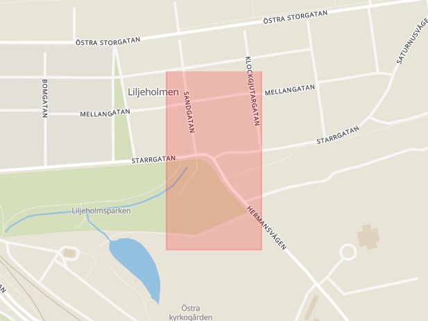 Karta som med röd fyrkant ramar in Hermansvägen, Starrgatan, Jönköping, Jönköpings län
