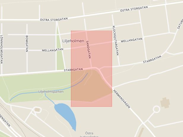 Karta som med röd fyrkant ramar in Starrgatan, Sandgatan, Jönköping, Jönköpings län