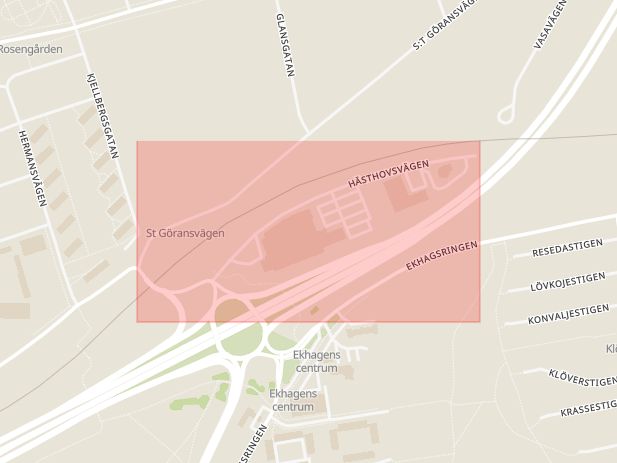 Karta som med röd fyrkant ramar in Hästhovsvägen, Trafikplats Ekhagen, Jönköping, Jönköpings län